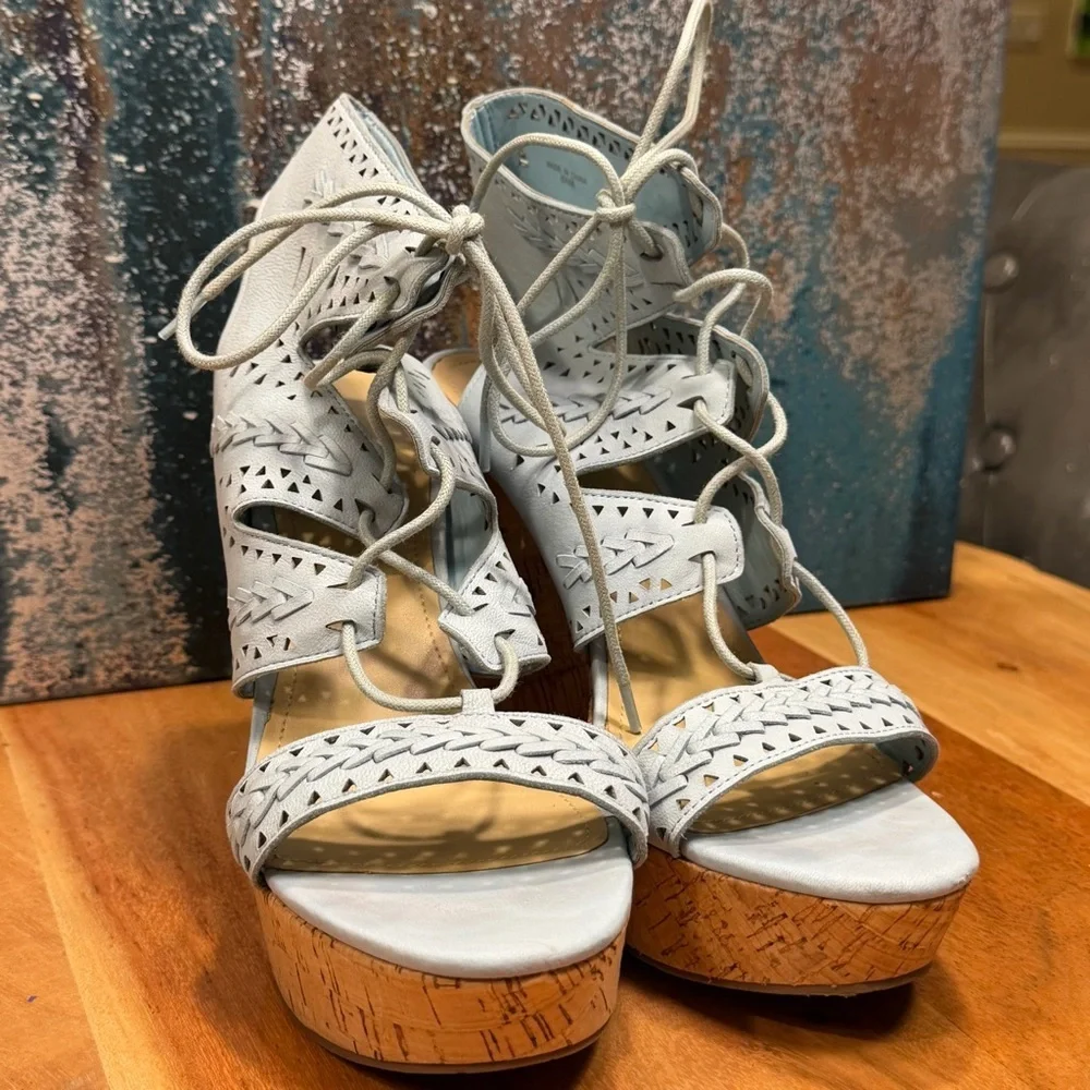 Marc Fisher Boho Chic Leather Lace-Up Cork Wedge Sandals – Light Blue (EUC)